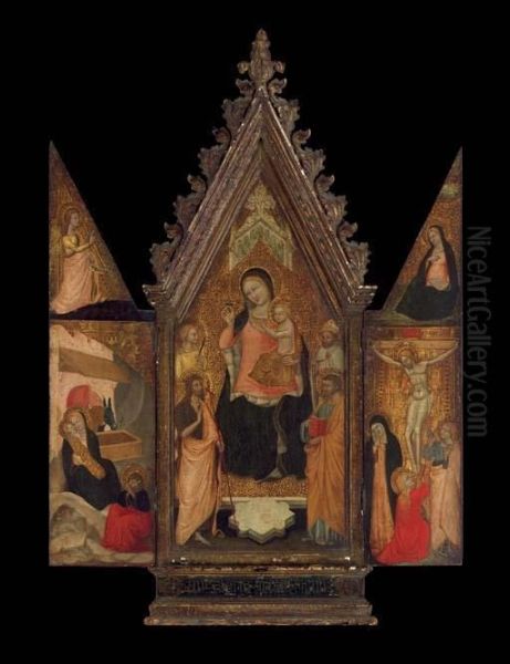 A Portable Triptych: The Madonna And Child Enthroned With A Female Saint, Saint John The Baptist, A Bishop Saint, And Saint Peter; On The Wings - The Nativity With The Angel Of The Annunciation On The Pinnacle Above; And The Crucifixion With The Virgi - view 1