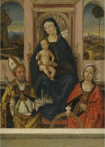 The Madonna And Child Enthroned With Saints Petronius And Catherine Of Alexandria by Bernardino di Bosio (see ZAGANELLI)