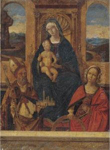Madonna And Child Enthroned With Saints Petronius(?) And Catherine Of Alexandria by Bernardino di Bosio (see ZAGANELLI)