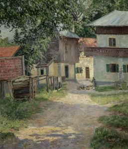 "dorflandschaft Im Sommer" Mit Federvieh Und Bauerin
 Ol/leinwand, Signiert, Datiert: 1921