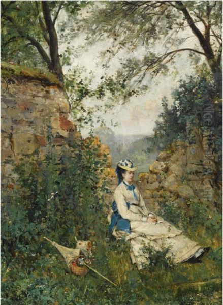 A Summer Landscape With An Elegant Lady At Rest - view 1