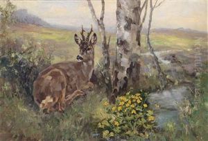 Roebuck And Marsh Marigolds by Erich Dichtl