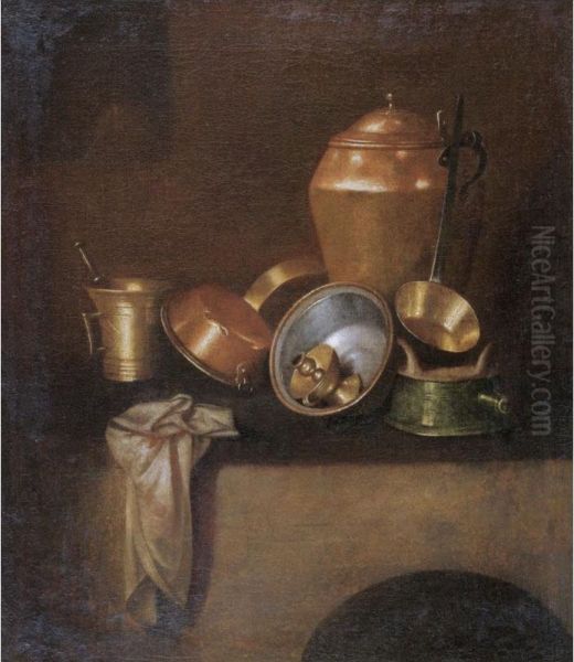 Still Life With Various Copper Cooking Utensils On A Hearth - view 1