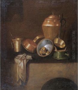 Still Life With Various Copper Cooking Utensils On A Hearth by Martin Dichtl