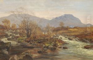 Scottish River Landscape With Snow Capped Mountains In The Distance by William D.D. Dickie