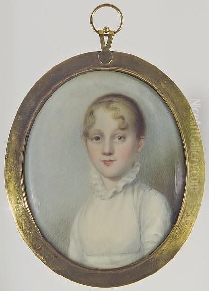 A Young Lady, Wearing White Dress With Standing Frilled Collar, Her Blonde Hair Drawn Back With Curls Falling Across Her Forehead. - view 1