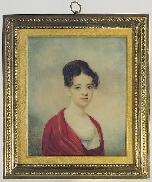 A Young Lady, Wearing Decollete White Dress With Pale Blue Ribbon Waistband And Red Shawl About Her Shoulders, Her Dark Hair Upswept In A Plaited Bun. - view 1