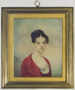 A Young Lady, Wearing Decollete White Dress With Pale Blue Ribbon Waistband And Red Shawl About Her Shoulders, Her Dark Hair Upswept In A Plaited Bun. A Young Lady, Wearing Decollete White Dress With Pale Blue Ribbon Waistband And Red Shawl About Her Shoulders, Her Dark Hair Upswept In A Plaited Bun.