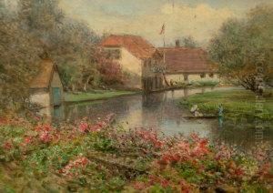1889- Tranquil River Scene With Figures And A Boathouse 1889- Tranquil River Scene With Figures And A Boathouse