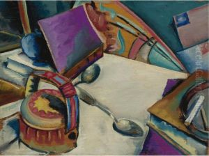 Tabletop Still Life: Books And Teapot by Preston Dickinson