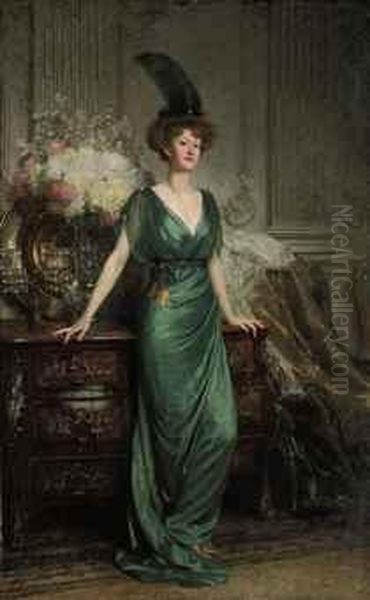 Portrait Of The Hon. Mrs Ernest Guinness, Standing, Full-length,wearing An Emerald Dress And Feather - view 1