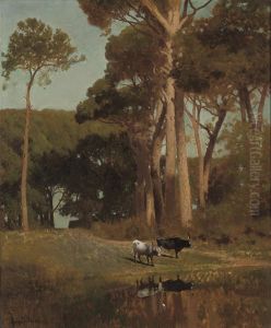 Longhorn Cattle Watering On The Campagna by Jules Didier