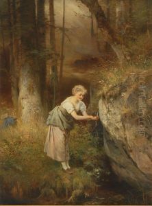 Young Woman At A Mountain Spring. by Anton Dieffenbach