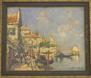 Venetianscene With Red Tiled Buildings And Figures On Quay by Arthur Vidal Diehl