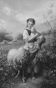 A Young Girl Holding A Lamb by Frederick Dielman