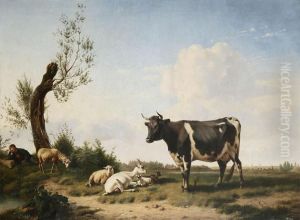 Resting Shepherd With Cow And Sheep by Pierre Emmanuel I Dielman