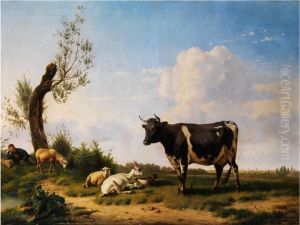 Landschaft Mit Kuh, Ziegen, Schafen Undschlafendem Schafer by Pierre Emmanuel Ii Dielmann
