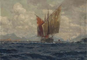 A Mediterranean Fishing Vessel Running Before The Wind Off A Mountainous Coastline by Michael Zeno Diemer
