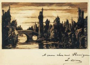 Dessin Original A La Plume Et Lavis, Signe En Bas A Gauche, Avec Dedicace Autographe Signee En Bas A Droite ; 8,8 X 16 Cm by Leon Dierx