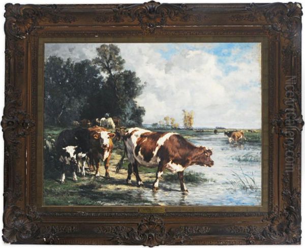 Cows Drinking In A River Landscape - view 1