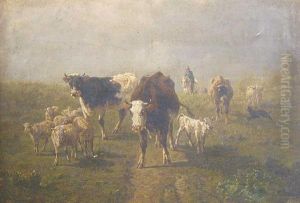 Cattle And Sheep On A Pathway With Drover Beyond by Marie Dieterle