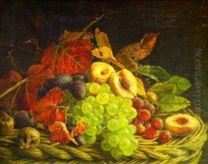 Basket Of Grapes, Peaches And Plums