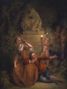 A Gallant Scene By Night Lit By Cupid With A Torch by Christian Wilhelm Ernst Dietrich