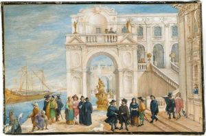 A Fantastical Italianate Port, With Groups Of Figures At The Quayside by Bartholomeus Dietterlin