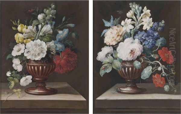 A Spray Of White Briar Roses, A Yellow-white Delphinium, Morningglory And Red Poppy In A Vase On A Ledge, With A Burnet Moth - view 1