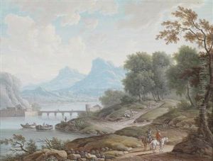 Berglandschaft Mit Wanderern An Einem Flus; Berglandschaft Mit Wanderers An Einer Brucke