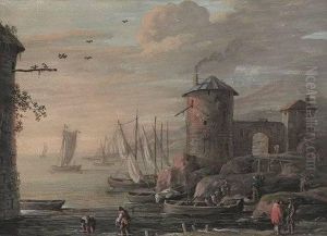 Hafenansicht Mit Fischern Und Passanten Im Abendlicht