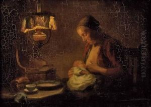 Stillende Bauerin Unter Einer Petroleumlampe by Hendricus Anthonius Dievenbach