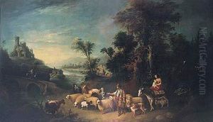 Pastor Con Su Familia En Un Sendero Y Ruinas Al Fondo by Joaquin Diez