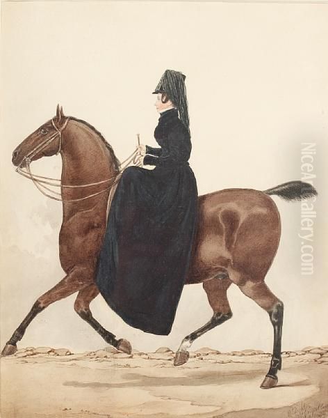 A Lady Riding Side-saddle On A Bay Horse - view 1