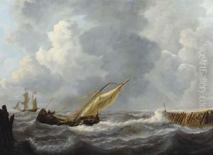 Sailing Vessels By A Harbour Entrance by Pieter Arnout Dijxhoorn