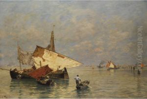 Venezianische Kustenansicht Mit Fischern by Ludwig Dill