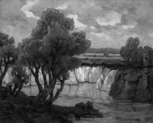 J. D. "uferlandschaft". Sign. Ol Auf Lwd. 45,5 X 56,5 Cm. Rahmen by Johanna Dill-Malburg