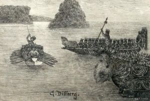 Te Rauparaha's War Canoe & Fleet, Ngai Tahu Pa At Kaiapohia by Gustaf Dillberg