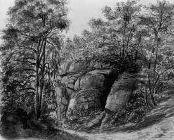 Waldlandschaft Mit Felsgrotte. Verso Landschaftsstudie (feder, Laviert, Uber Bleistift). - view 1
