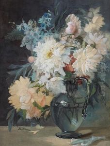 A Still Life With Peonies And Other Flowers In A Glass Vase by Julia Mcentee Dillon