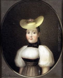 Portrait Of A Girl,wearing An Upturned Straw Hat With Flowers, White Lace Blouse
