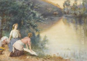 Flussuferpartie Mit Zwei Wascherinnen. by Serkis Diranian