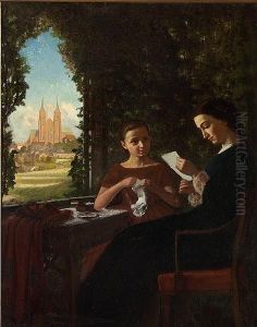 A Mother And Her Daughter Sitting At A Table With A View Of Roskilde Cathedral by Helmuth Dirckinck-Holmfeld