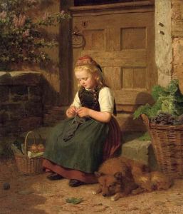 A Young Girl Knitting by Auguste Dircks