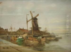 Platbodems Aan De Kade Bij Een Molen by Antonius Bernardus Dirckx