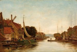 The River Schie In Delftshaven by Antonius Bernardus Dirckx