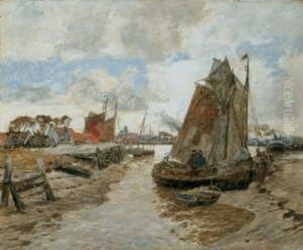 Der Alte Munkmarscher Hafen Auf Sylt Bei Auflaufendem Wasser. Signiert Unten Rechts: Dirks. Ol Auf Leinwand. H 79; B 96 Cm. - view 1