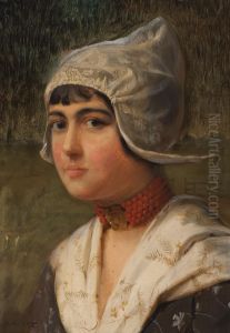 Portrait Of A Young Girl In Regional Dress Wearing A Red Coral Necklace by Jean Discart