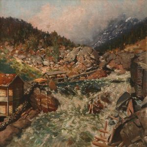 Norwegian Landscape With A Timber Plant At A River by Andreas Edvard Disen