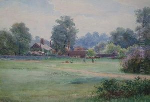 Figures Playing Cricket On Green At Sheen